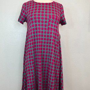 NWT LuLaRoe Carly Pink Teal Geometric Print Hi-Lo Hem Front Pocket Dress Size XS
